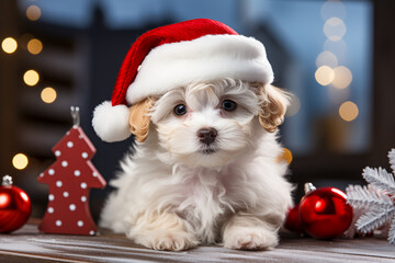 Close up of a little happy white dog with a big smile wearing a santa hat