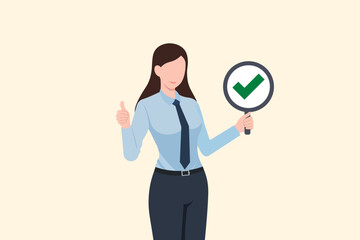 Fototapeta na wymiar verification and approval of the business choice. business woman showing checkmark correct. symbol icon Green Checkmark button. business vector illustration.