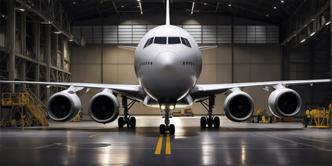 Frontal view of a passenger aircraft in a hangar, undergoing maintenance and repair for engine and fuselage servicing, highlighting aircraft maintenance - obrazy, fototapety, plakaty