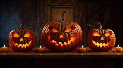 Fototapeta premium Halloween background. Scary night sky with full moon. A group of three pumpkins and fallen dry leaves on wooden table. Close up.