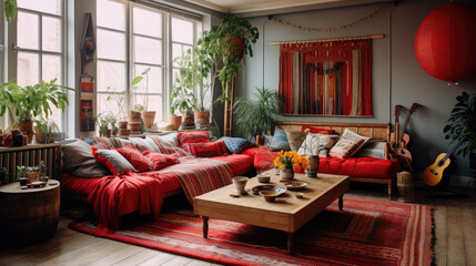Boho Interior Design with Red Accents