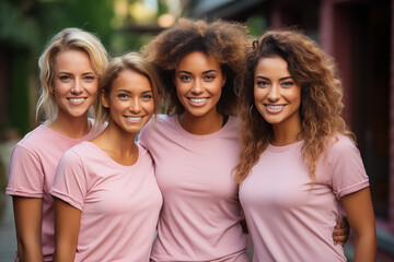 Obraz premium Breast cancer awareness concept of four diverse women in pink t-shirts