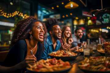 Obraz na płótnie Canvas Group of diverse friends enjoying a US sports game at a sports bar