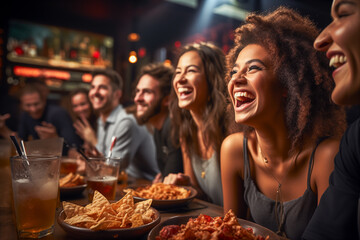 Group of diverse friends enjoying a US sports game at a sports bar