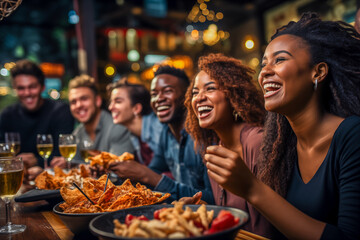 Group of diverse friends enjoying a US sports game at a sports bar
