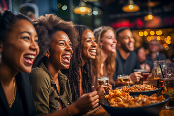 Group of diverse friends enjoying a US sports game at a sports bar