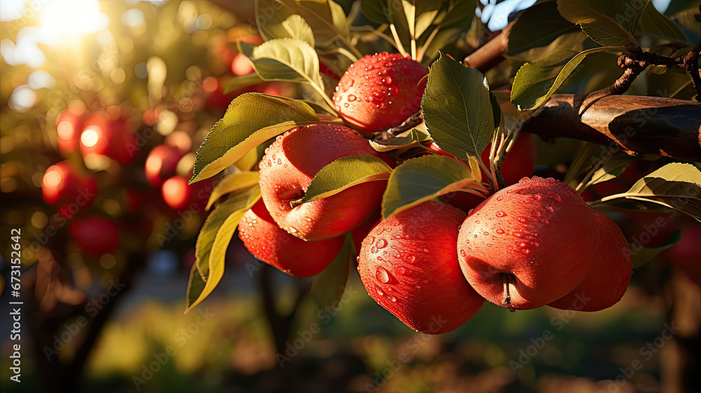 Wall mural apples on a branch, Fruit farm with apple trees. Branch with natural apples on blurred background of apple orchard in golden hour. Concept organic, local, season fruits and harvesting