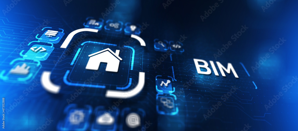 Poster bim building information modeling technology concept on virtual screen.