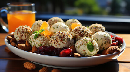 Delicious Apricot Coconut and Pistachio Energy Balls in Plate on Blurry Background