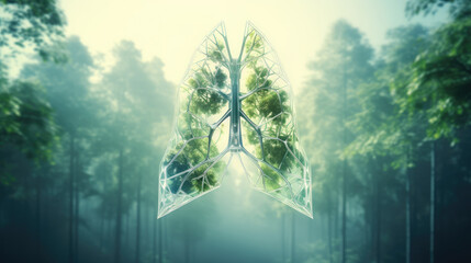 healthy lungs concept. Futuristic Human anatomy lungs from line triangles connecting on blurred sunny light green forest background with copy space around