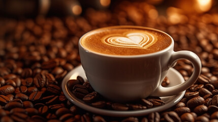 A Cup of Cappuccino Coffee Drawn with a Heart on The Side of Coffee Beans on Blurry Background