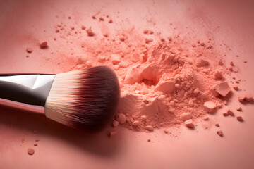 make up brush and powder, blush, peachy, pink