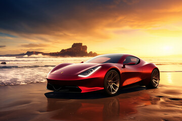 Fototapeta na wymiar Sleek red sports car on a beach at sunset. Concept of luxury, speed, and freedom. Astro Dust color trend. Design for advertising poster, banner, or background