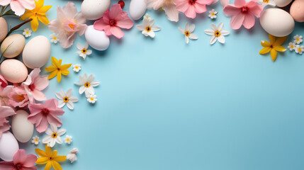 Easter copy space blue background with spring flowers