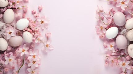 Naklejka na ściany i meble Easter egg and spring flowers on pink background