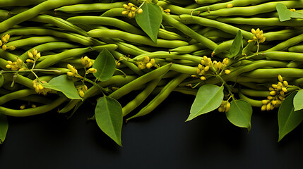 Top View Group of Green Beans with Copy Space Yellow Background Selective Focus