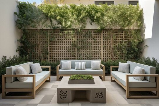 Stylish outdoor lounge area with comfortable seating arrangements. Generative AI