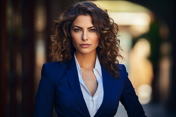 Fototapeta premium Middle-aged businesswoman woman in business suit sitting in office at desk
