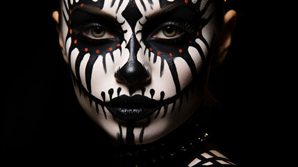 Obraz premium a girl with a painted scary skull mask celebrating the Day of the Dead, Sugar skull girl, a portrait of a woman with a Halloween mask, Halloween night