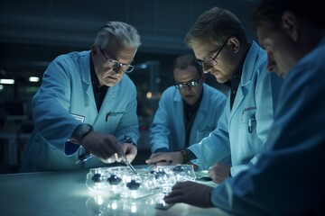 Create a photo of a group of scientists discussing the results of genomic research and gene editing.