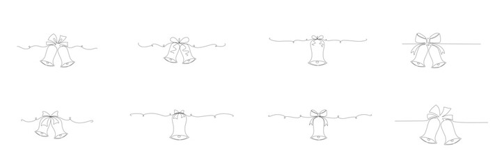 Christmas jingle bells set hand draw one single line banner. Vector stock illustration isolated on white background for design template winter greeting card, banner for sale. Editable stroke. 