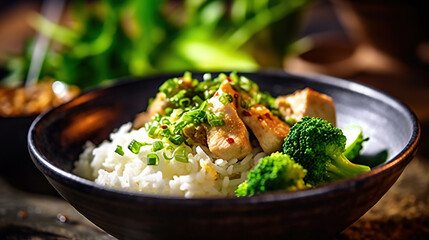 Fresh Coconut Rice Bowl With Steamed Broccoli and Garlic Chicken on Blurred Background