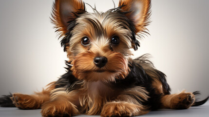 Baby Yorkshire Terrier Sitting on a Blurry White Background
