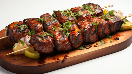 Grilled Chicken Barbecue Roasted Shish Kebab Served on a White Plate Defocused Background