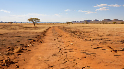 Fototapeta na wymiar A photo of the rugged Australian Outback, with vast open plains as the background, during a scorching hot afternoon,