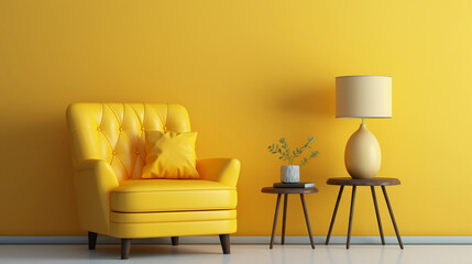 yellow chair in a yellow room with a coffee table and a reading lamp