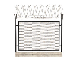 Metal fence with barbed wire or barbed wire steel wall. png transparency
