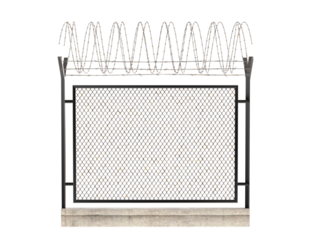 Metal fence with barbed wire or barbed wire steel wall. png transparency