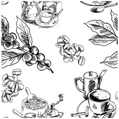 Pattern seamless of coffee tree ink drawing sketch for poster, fabric, cover, label packaging, name card, post card, brochure. Coffee pattern