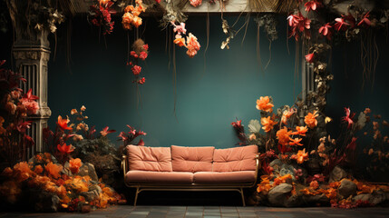 Old Fashioned Antique Sofa Decorated With Flowers and Lantern Interior Blurry Retro Background