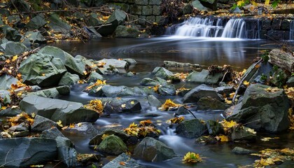 Stone rapids from the weir on the Juhyne River. Early evening. Eastern Moravia. Czechia.