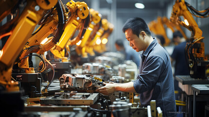 Asian engineering worker or supervisor working in industrial manufacturing with robotic arms in an assembly line factory. - obrazy, fototapety, plakaty