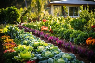 Fototapeta na wymiar Multiple vegetable plants aligned in a sunny organic garden. Generative AI