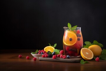 a revitalizing beverage made with juicy citrus and mixed berries arranged on a table. Generative AI