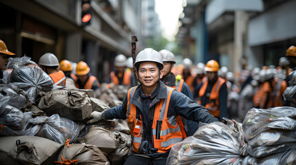 Asian workers wearing hard hats, protective vests and gloves separating and picking up plastic bags of garbage cleaning up the polluted city. - obrazy, fototapety, plakaty
