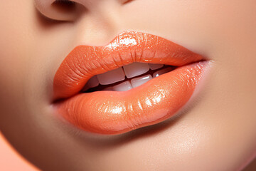 Close-up of glossy peachy lips. Peach Fuzz. Color of the 2024. Makeup beauty and glamour. Suitable for beauty product advertising, backdrop, or fashion banner © dreamdes