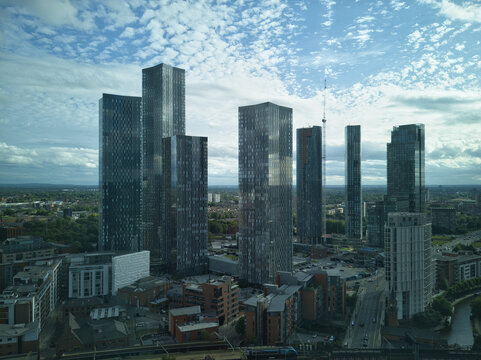 Skyscraper cluster at Deansgate Square, Manchester including Deansgate Square East, South, West and North Tower, Three60, The Blade and Elizabeth Tower (from left to right) as of Summer 2023