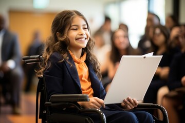 Photo of a girl in a wheelchair receiving recognition and an award at a school ceremony. Generative AI - obrazy, fototapety, plakaty