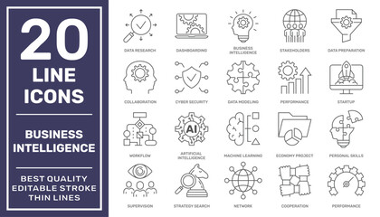 Business Intelligence related icons set. Business intelligence tools. Editable Stroke. EPS 10 - obrazy, fototapety, plakaty