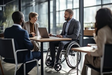 Photo of a man in a wheelchair at an inclusive workplace, collaborating with colleagues. Generative AI