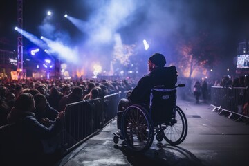 Photo of a man in a wheelchair attending a live concert with a designated accessible area....