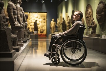 Photo of a man in a wheelchair exploring a museum with accessible exhibits. Generative AI - obrazy, fototapety, plakaty