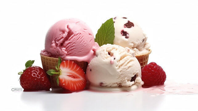 Chocolate Vanilla and Strawberry Ice Cream on White Selective Focus Background