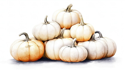 Stack of White Pumpkin Watercolor Painting Isolated in White Background