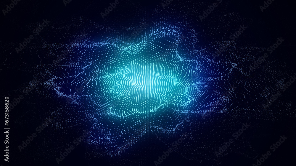 Poster abstract technology wave with motion glowing dots. ai in virtual reality on digital background. part