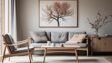 rustic living room with an armchair and a painting on the wall